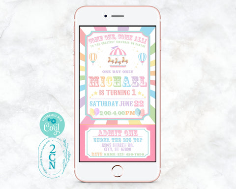 Circus Carnival Ticket Birthday Party Phone Invitation Pastel Rainbow | Editable Instant Download | Edit Online NOW Corjl | INSTANT ACCESS