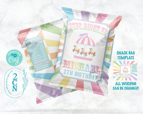 Circus Birthday Chips Bag, Carnival Rainbow Popcorn, 1oz Snack Bag | Editable Instant Download | Edit Online NOW Corjl | INSTANT ACCESS