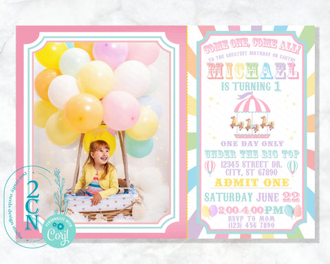 Carnival Ticket Birthday Invitation with photo, Circus Pastel Rainbow | Editable Instant Download | Edit Online NOW Corjl | INSTANT ACCESS