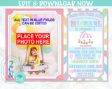 Carnival Ticket Birthday Invitation with photo, Circus Pastel Rainbow | Editable Instant Download | Edit Online NOW Corjl | INSTANT ACCESS