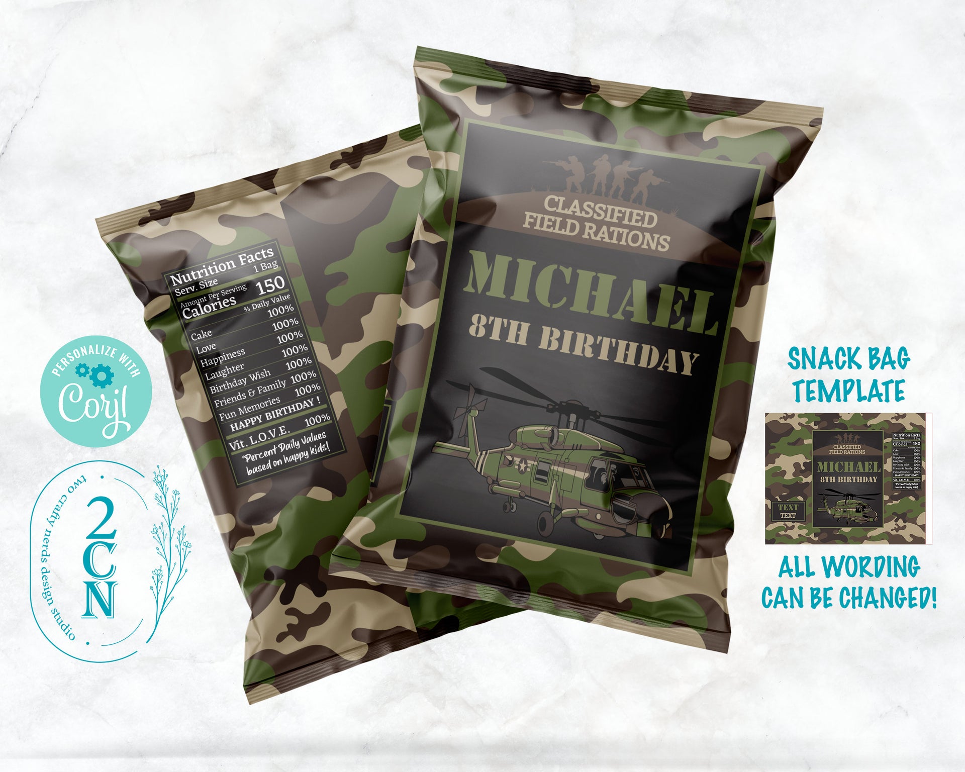 Army Birthday Chips Bag, Army Camo Party Popcorn Bag, 1oz Snack Bag | Editable Instant Download | Edit Online NOW Corjl | INSTANT ACCESS