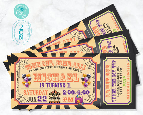 Carnival Halloween Ticket Birthday Invitation, Circus Spooky Vintage | Editable Instant Download Edit Online NOW Corjl | INSTANT ACCESS