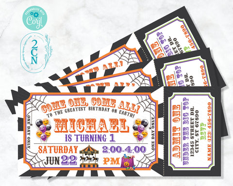 Carnival Halloween Ticket Birthday Invitation, Circus Spooky invitation | Editable Instant Download Edit Online NOW Corjl | INSTANT ACCESS