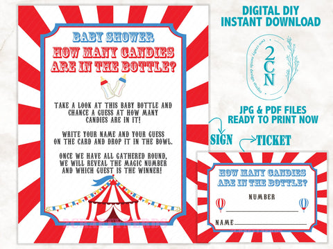 Circus Carnival How Many Candy In The Bottle Game, JPG & PDF Instant Download, Red and Blue, Circus Baby Shower, Carnival Baby Shower Games.