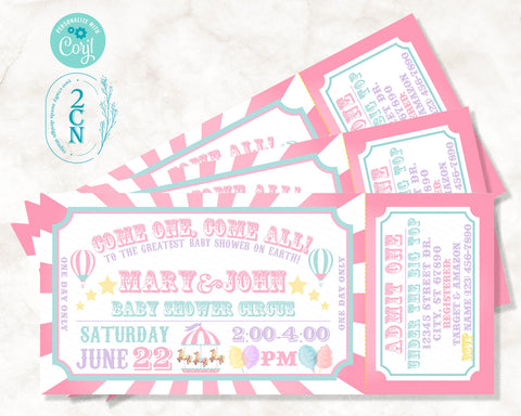 Carnival Ticket Baby Shower Invitation Pastel, Circus invitation Pastel | Editable Instant Download Edit Online NOW Corjl | INSTANT ACCESS