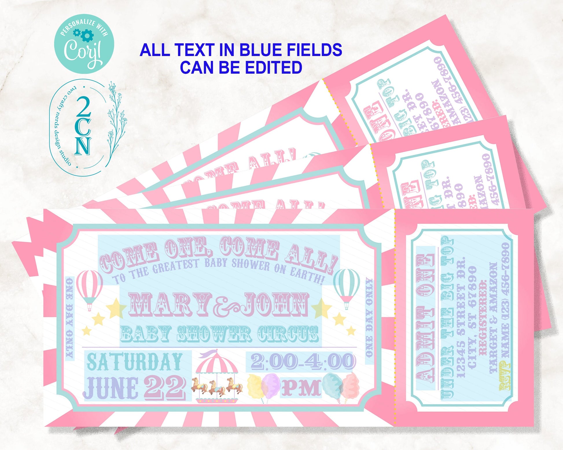 Carnival Ticket Baby Shower Invitation Pastel, Circus invitation Pastel | Editable Instant Download Edit Online NOW Corjl | INSTANT ACCESS
