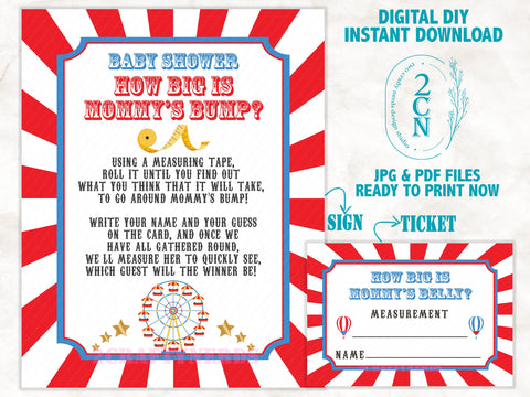 Circus Carnival Measuring Mommy To Be Bump Game, JPG & PDF Instant Download, Red and Blue, Circus Baby Shower, Carnival Baby Shower Games.