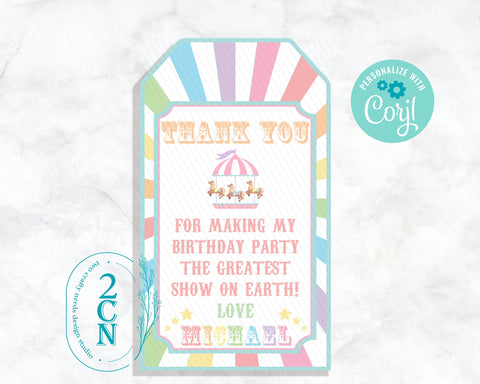 Circus Birthday Thank You Tag, Pastel Rainbow Carnival Tag Favor Label | Editable Instant Download | Edit Online NOW Corjl | INSTANT ACCESS