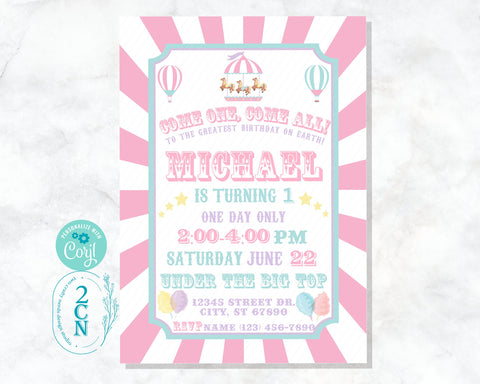 Carnival Circus Birthday Invitation, Circus Party, Carnival Pastel Pink | Editable Instant Download | Edit Online NOW Corjl | INSTANT ACCESS