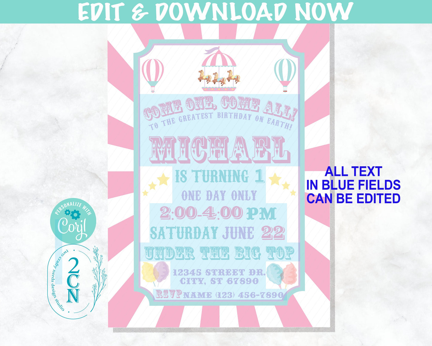 Carnival Circus Birthday Invitation, Circus Party, Carnival Pastel Pink | Editable Instant Download | Edit Online NOW Corjl | INSTANT ACCESS