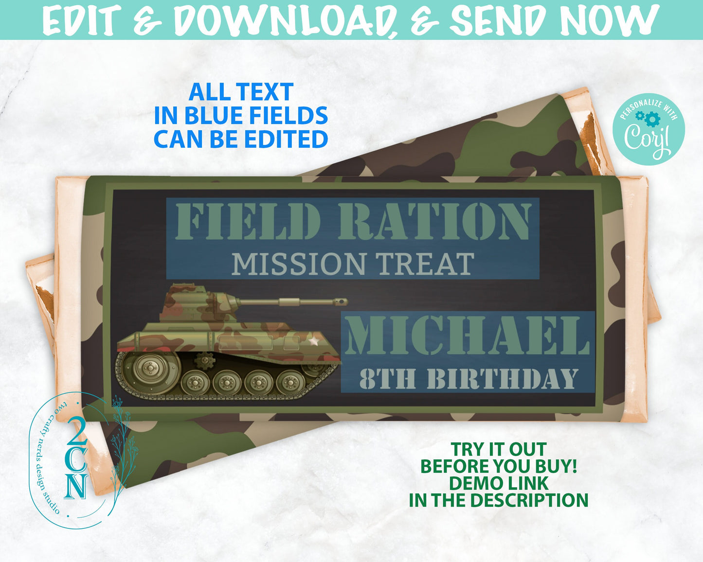 Army Chocolate Bar Wrapper, Army Camo Candy Wrapper 2 Size Hershey Aldi | Editable Instant Download | Edit Online NOW Corjl | INSTANT ACCESS