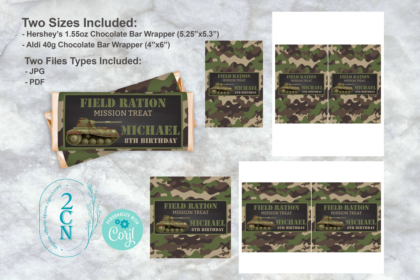 Army Chocolate Bar Wrapper, Army Camo Candy Wrapper 2 Size Hershey Aldi | Editable Instant Download | Edit Online NOW Corjl | INSTANT ACCESS