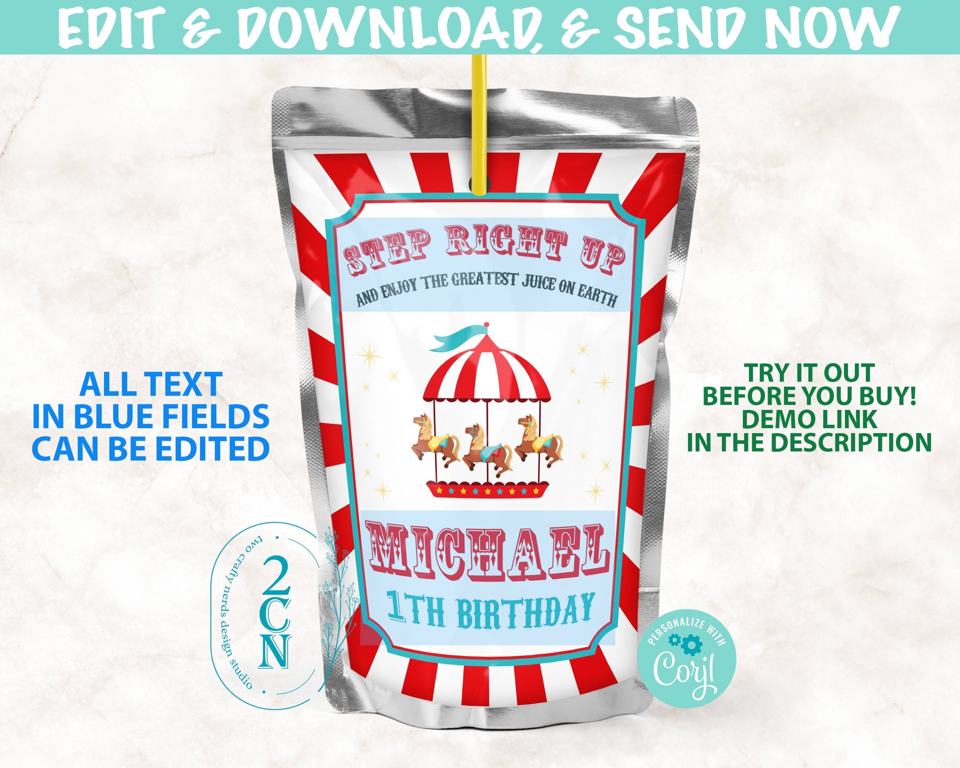 Circus Juice Pouch Label, Carnival Juice Label, Circus Birthday Decor | Editable Instant Download | Edit Online NOW Corjl | INSTANT ACCESS