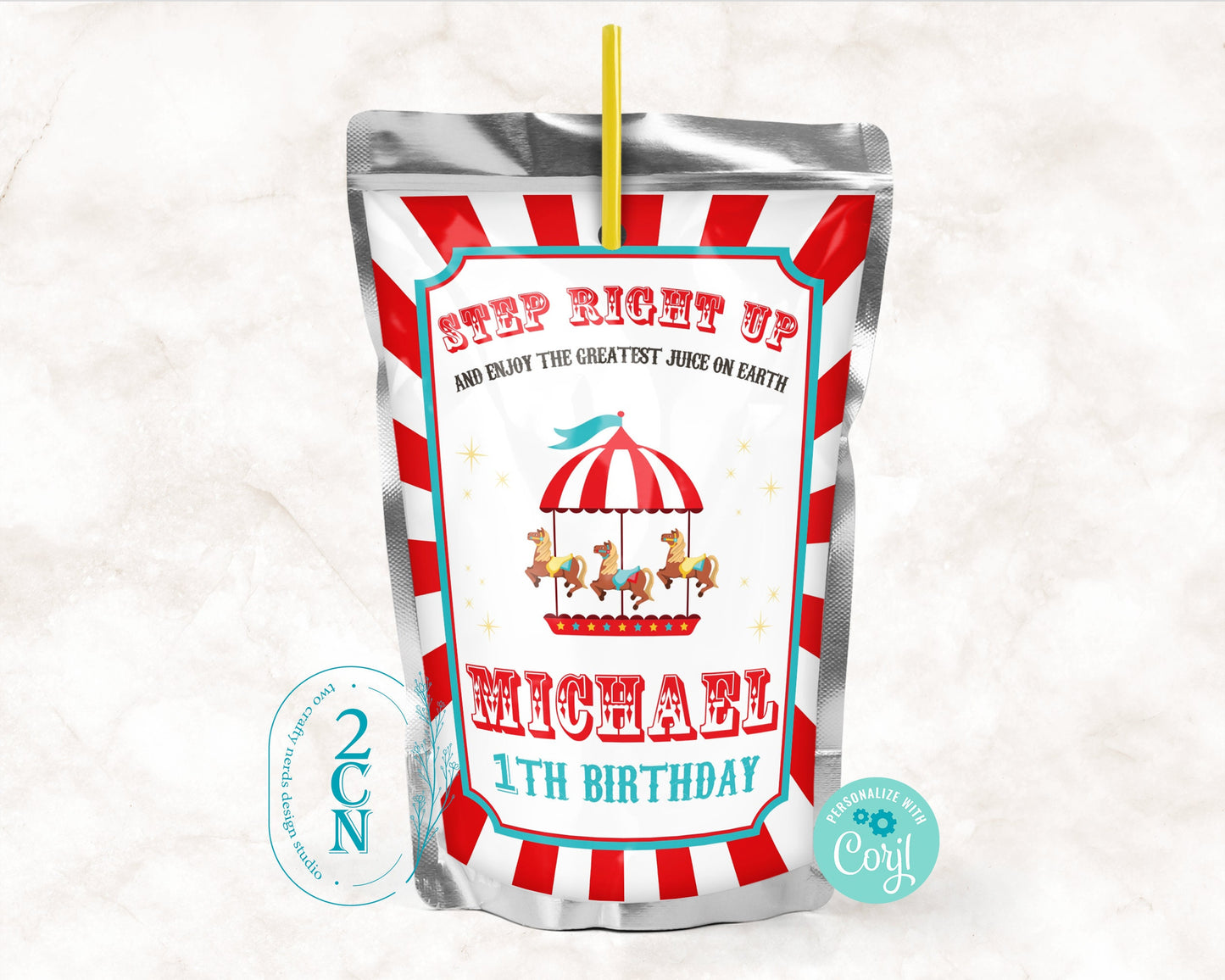 Circus Juice Pouch Label, Carnival Juice Label, Circus Birthday Decor | Editable Instant Download | Edit Online NOW Corjl | INSTANT ACCESS