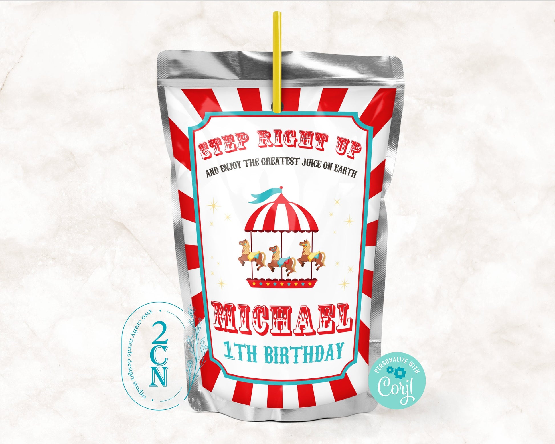 Circus Juice Pouch Label, Carnival Juice Label, Circus Birthday Decor | Editable Instant Download | Edit Online NOW Corjl | INSTANT ACCESS