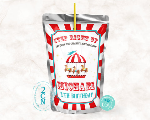 Circus Juice Pouch Label, Carnival Juice Label, Circus Birthday Decor | Editable Instant Download | Edit Online NOW Corjl | INSTANT ACCESS