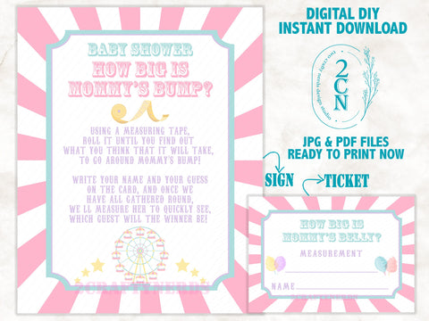 Circus Carnival Measuring Mommy To Be Bump Game, JPG & PDF Instant Download, Pastel Pink Purple, Circus Shower, Carnival Baby Shower Games.