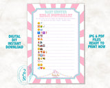 Circus Carnival Emoji Pictionary Game With Solution, JPG & PDF Instant Download, Pastel Pink Purple, Circus Shower, Carnival Shower Games.