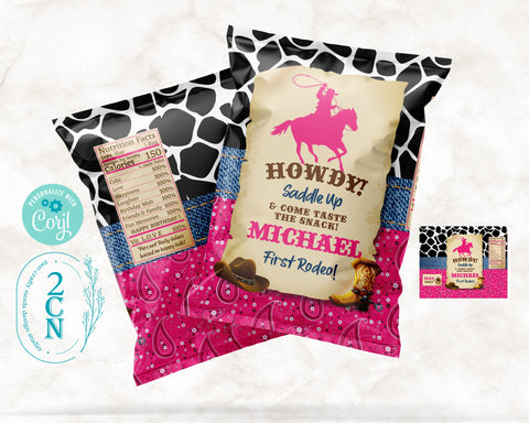 Cowgirl Rodeo Birthday Chips Bag, Birthday Popcorn Bag, 1oz Snack Bag | Editable Instant Download | Edit Online NOW Corjl | INSTANT ACCESS