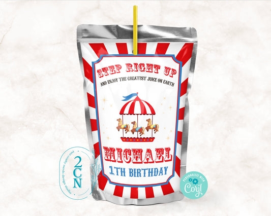 Circus Juice Pouch Label, Carnival Juice Label, Circus Birthday Decor | Editable Instant Download | Edit Online NOW Corjl | INSTANT ACCESS