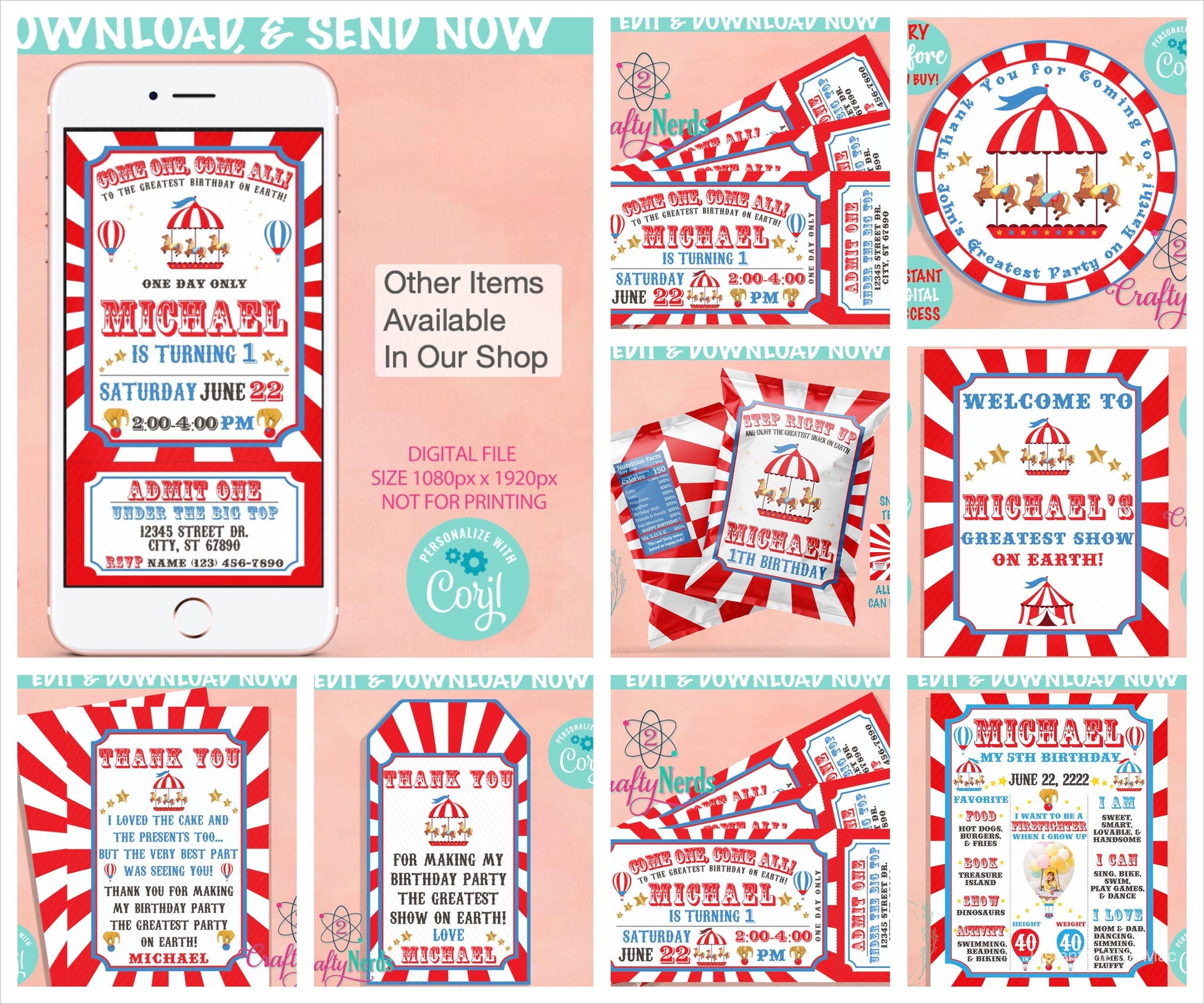 Circus Juice Pouch Label, Carnival Juice Label, Circus Birthday Decor | Editable Instant Download | Edit Online NOW Corjl | INSTANT ACCESS