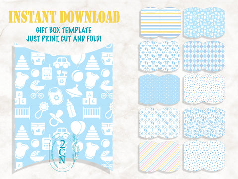 BLUE Baby Shower Gift Boxes (10 Designs) Instant Download Digital Printable, Favor Box, Pillow Box, Gift Card Box, DIY Gift Printable