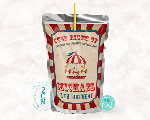 Circus Juice Pouch Label, Carnival Juice Label, Vintage, Birthday Decor | Editable Instant Download | Edit Online NOW Corjl | INSTANT ACCESS