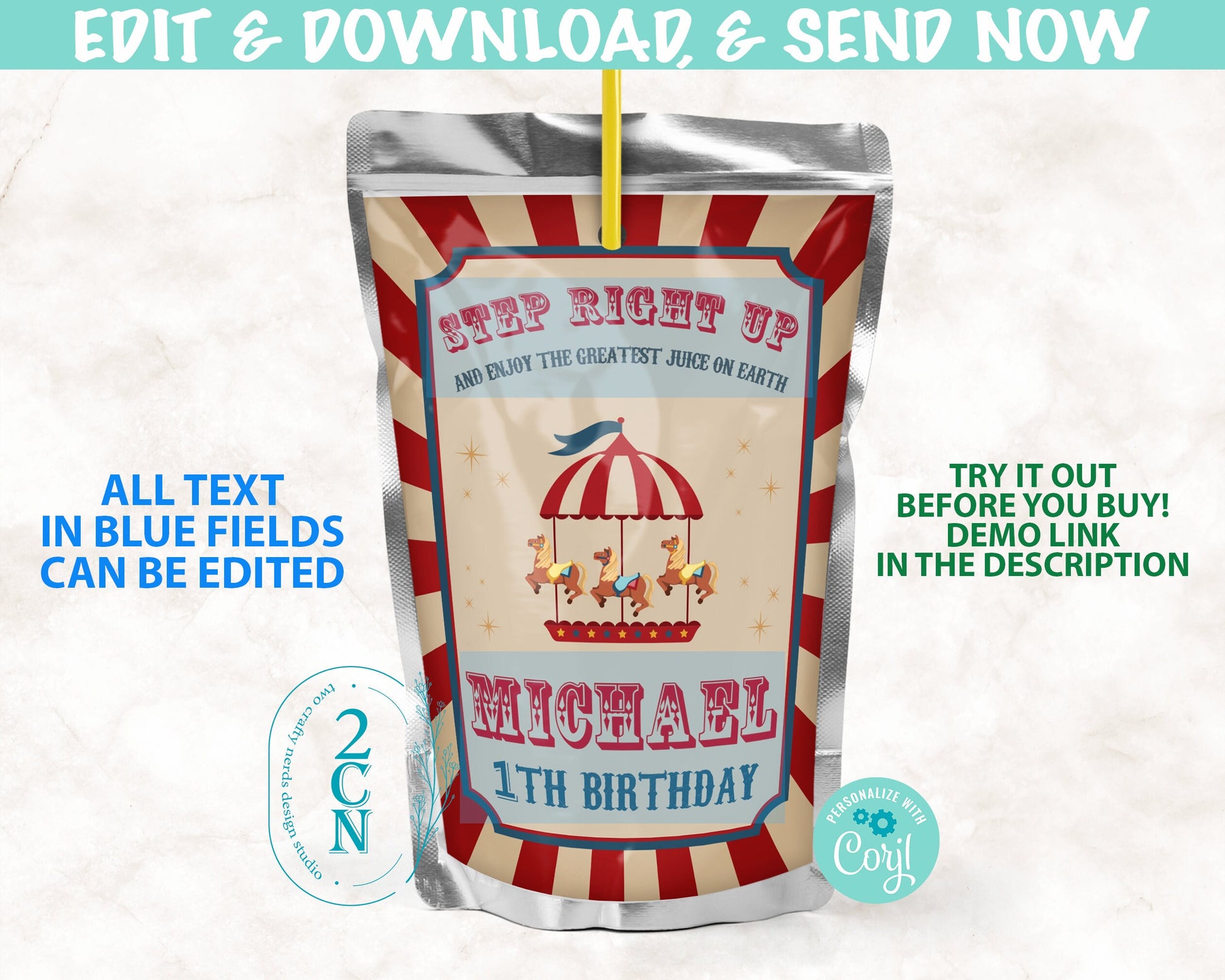 Circus Juice Pouch Label, Carnival Juice Label, Vintage, Birthday Decor | Editable Instant Download | Edit Online NOW Corjl | INSTANT ACCESS