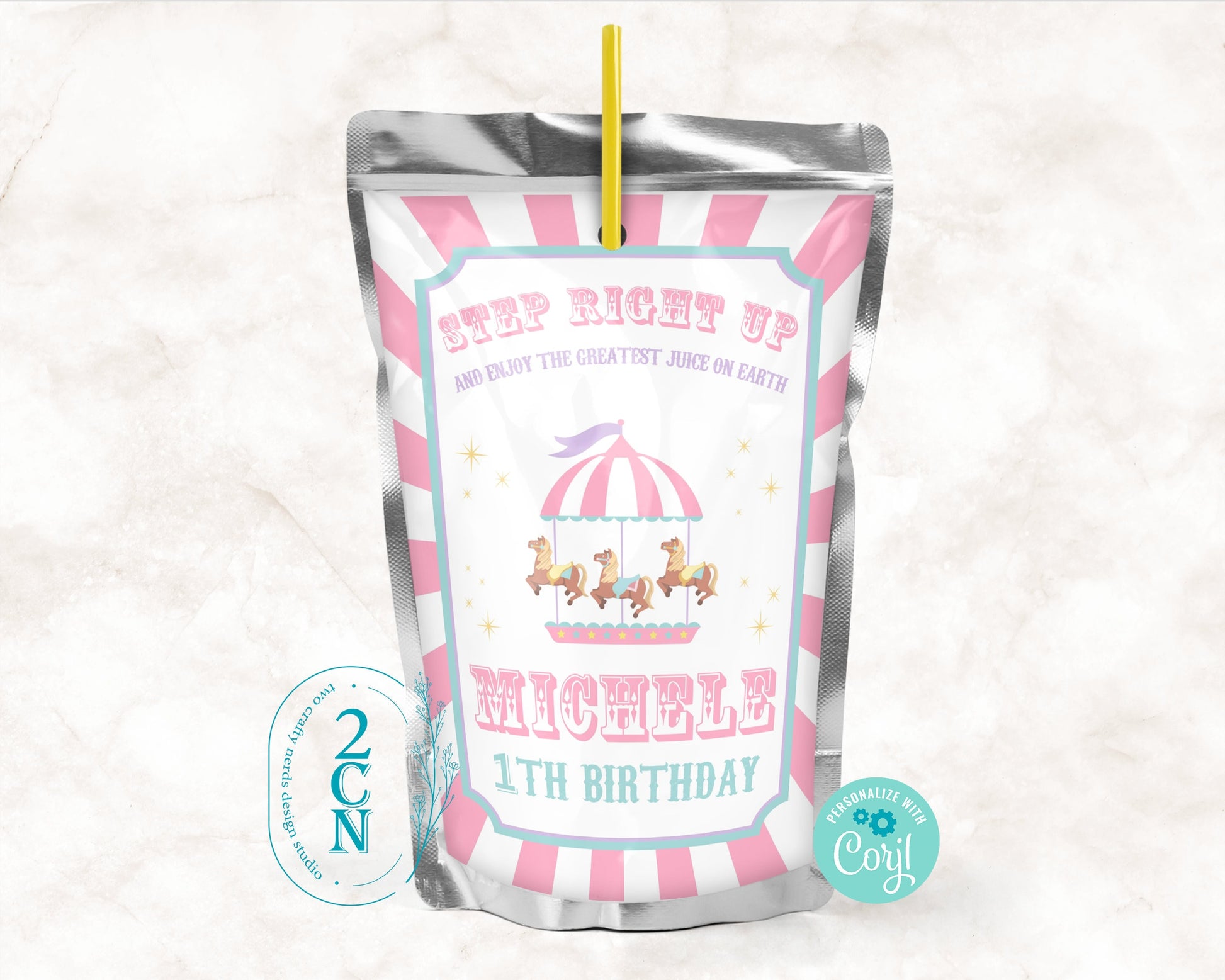 Circus Juice Pouch Label, Carnival Juice Label Circus Pastel Pink Decor | Editable Instant Download | Edit Online NOW Corjl | INSTANT ACCESS