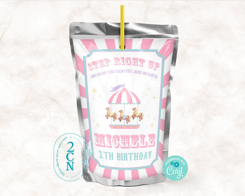 Circus Juice Pouch Label, Carnival Juice Label Circus Pastel Pink Decor | Editable Instant Download | Edit Online NOW Corjl | INSTANT ACCESS