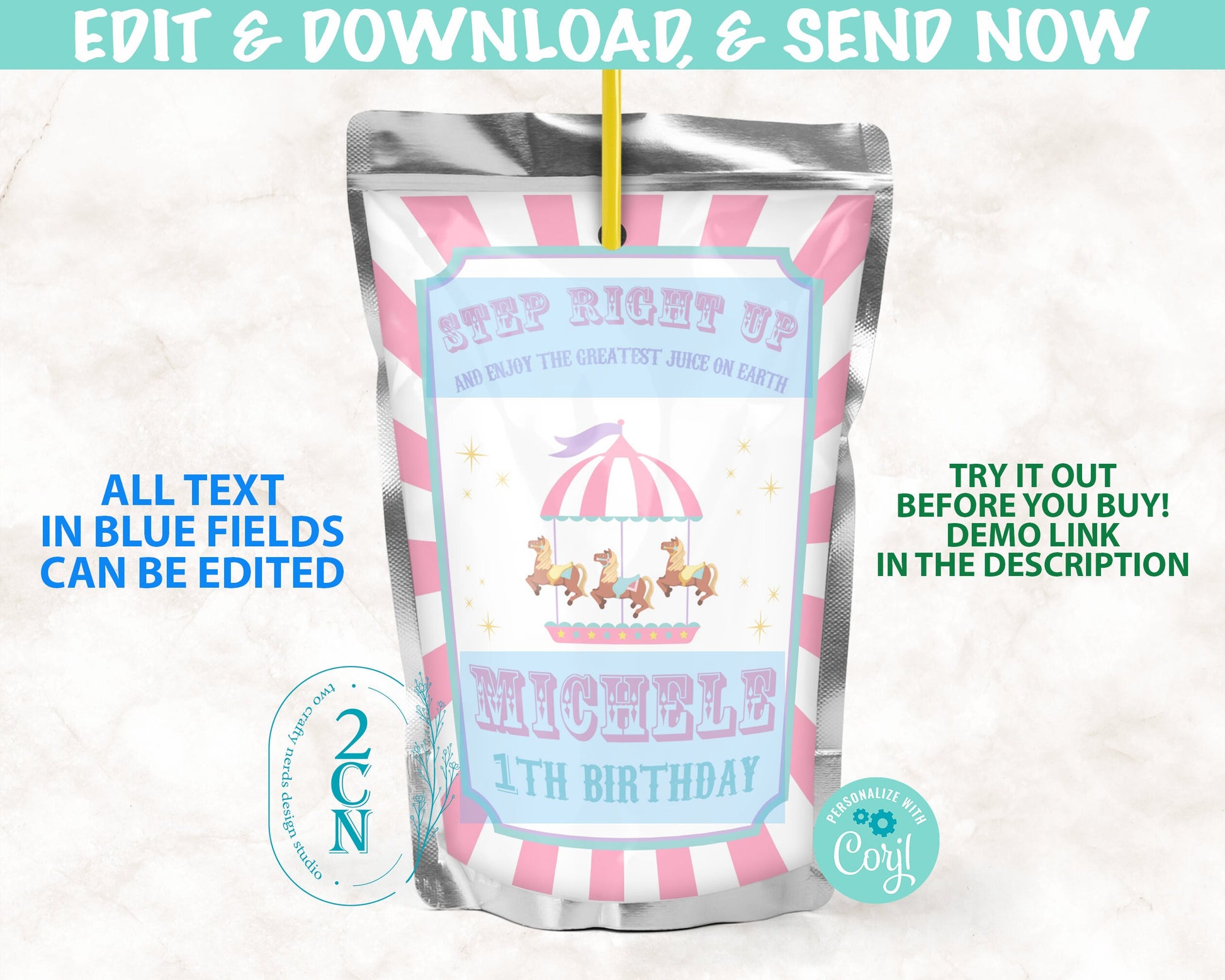 Circus Juice Pouch Label, Carnival Juice Label Circus Pastel Pink Decor | Editable Instant Download | Edit Online NOW Corjl | INSTANT ACCESS