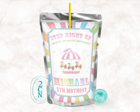 Circus Juice Pouch Label, Carnival Juice Label, Pastel Rainbow Decor | Editable Instant Download | Edit Online NOW Corjl | INSTANT ACCESS