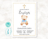 Stuffed Teddy Bear Baptism Invitation, white, blue and gold colors, Christening invitation card, modern invite, digital invitation, editable template invitation, instant download, personalized invitation, party invitation, send as a message or email.