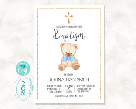 Stuffed Teddy Bear Baptism Invitation, white, blue and gold colors, Christening invitation card, modern invite, digital invitation, editable template invitation, instant download, personalized invitation, party invitation, send as a message or email.