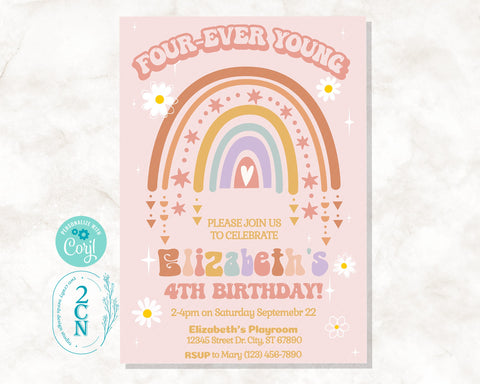 Rainbow Boho Groovy 70s 60s Theme Birthday Invitation Retro Disco Party | Editable Instant Download | Edit Online NOW Corjl | INSTANT ACCESS