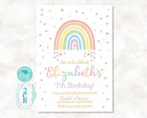 Rainbow and Stars Magical Birthday Invitation, Colorful Pastel Party | Editable Instant Download | Edit Online NOW Corjl | INSTANT ACCESS