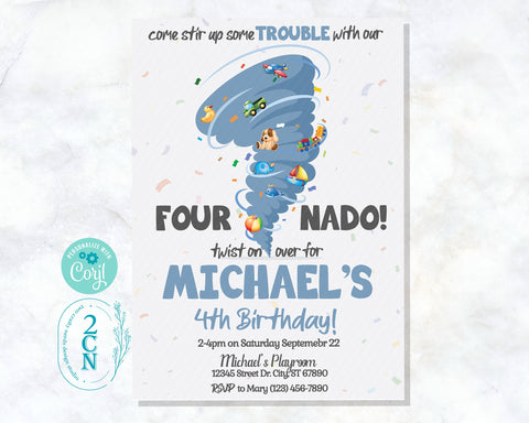 Four-Nado Tornado Birthday Invitation, Tornado Party, Fourth Birthday | Editable Instant Download | Edit Online NOW Corjl | INSTANT ACCESS