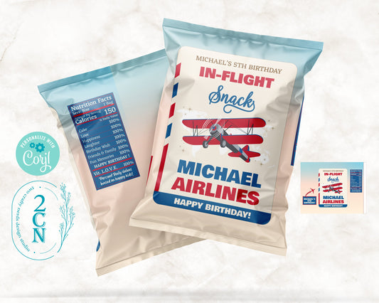 Airplane Birthday Chips Bag, Plane Birthday Popcorn Bag, 1oz Snack Bag | Editable Instant Download | Edit Online NOW Corjl | INSTANT ACCESS