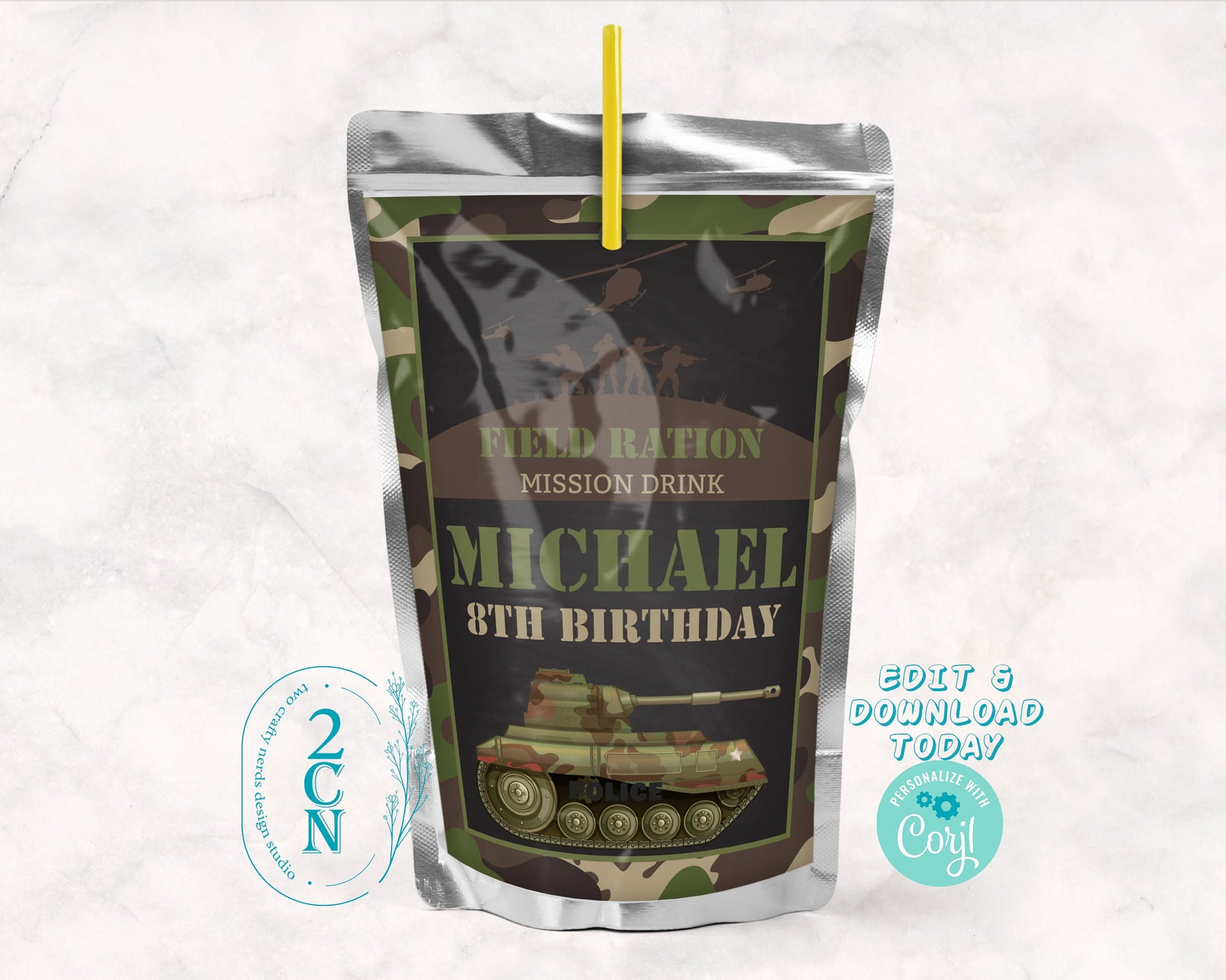 Army Juice Pouch Label, Camo Juice Label, Army Party Decor, Camo Party | Editable Instant Download | Edit Online NOW Corjl | INSTANT ACCESS