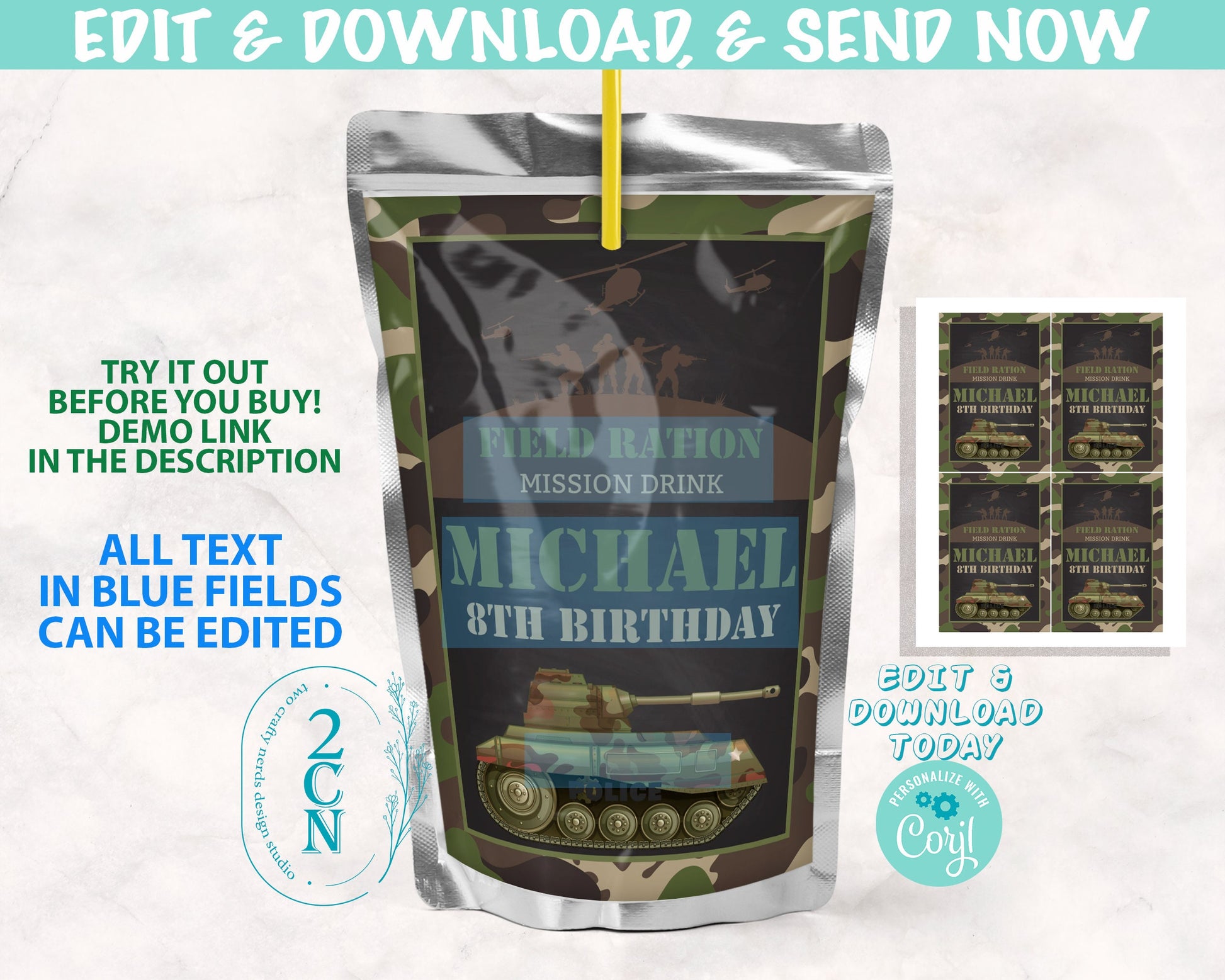 Army Juice Pouch Label, Camo Juice Label, Army Party Decor, Camo Party | Editable Instant Download | Edit Online NOW Corjl | INSTANT ACCESS