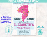 Four-Nado Tornado Birthday Invitation, Tornado Party, Fourth Birthday | Editable Instant Download | Edit Online NOW Corjl | INSTANT ACCESS