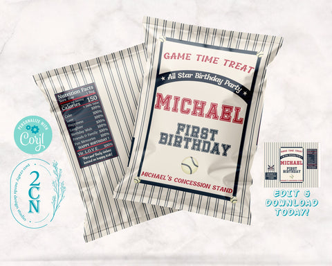 Baseball All Star Birthday Chips Bag, Birthday Popcorn Bag, 1oz Snack | Editable Instant Download | Edit Online NOW Corjl | INSTANT ACCESS