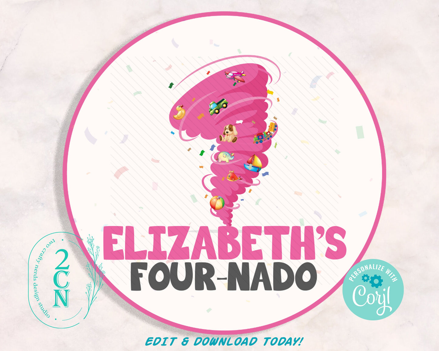 Tornado Birthday Thank You Round Label, Tornado pink, Tornado Label | Editable Instant Download | Edit Online NOW Corjl | INSTANT ACCESS