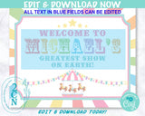 Carnival Circus Birthday Sign, Circus Birthday Welcome Sign Pastel Rainbow | Editable Instant Download | Edit Online Corjl | INSTANT ACCESS