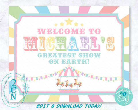 Carnival Circus Birthday Sign, Circus Birthday Welcome Sign Pastel Rainbow | Editable Instant Download | Edit Online Corjl | INSTANT ACCESS